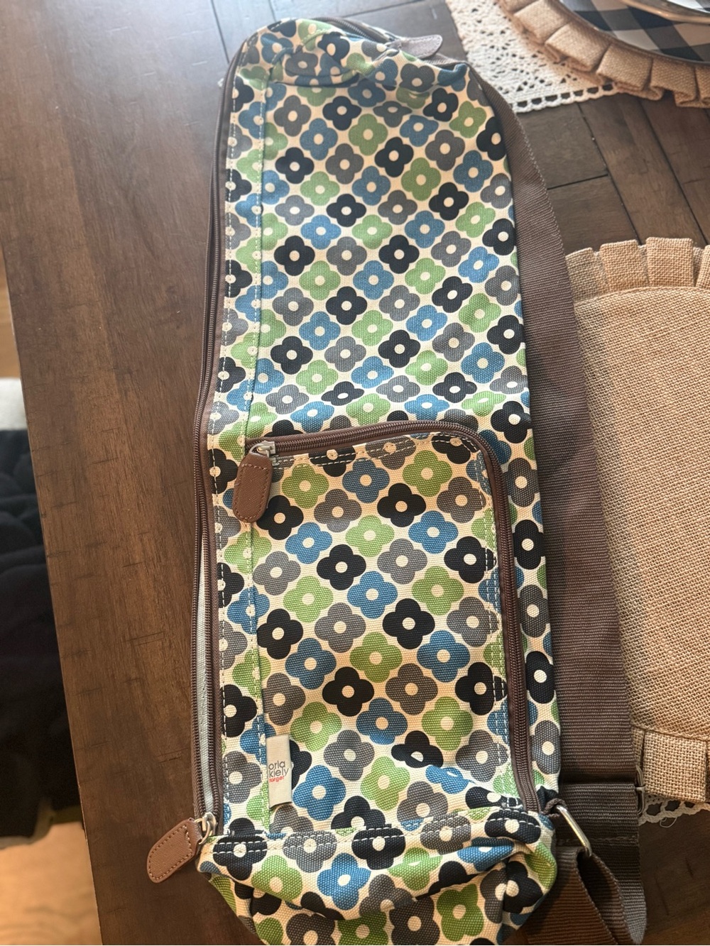 Orla Kiely Blue, Green & Gray Retro Floral Crossbody yoga mat bag